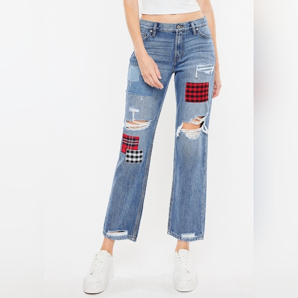 KanCan™ Nonstretch High Rise Plaid Patch Ripped Boyfriend Jean (Maurices) 30x28 - Picture 4 of 9